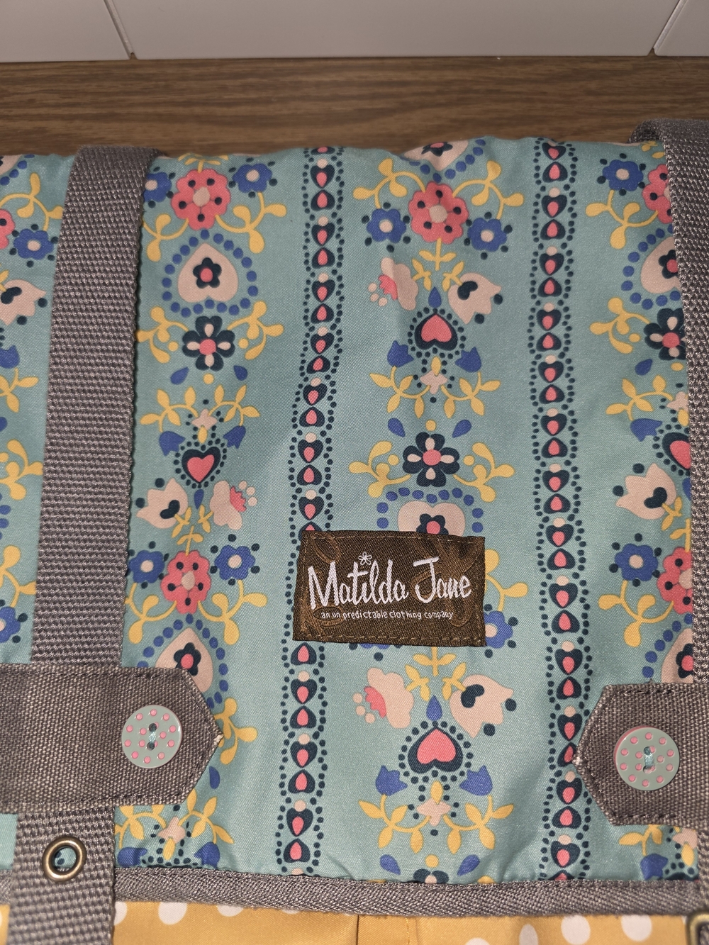 Matilda Jane Teal Floral and Yellow Polka Dot Shoulder Diaper Bag. - Picture 2 of 8